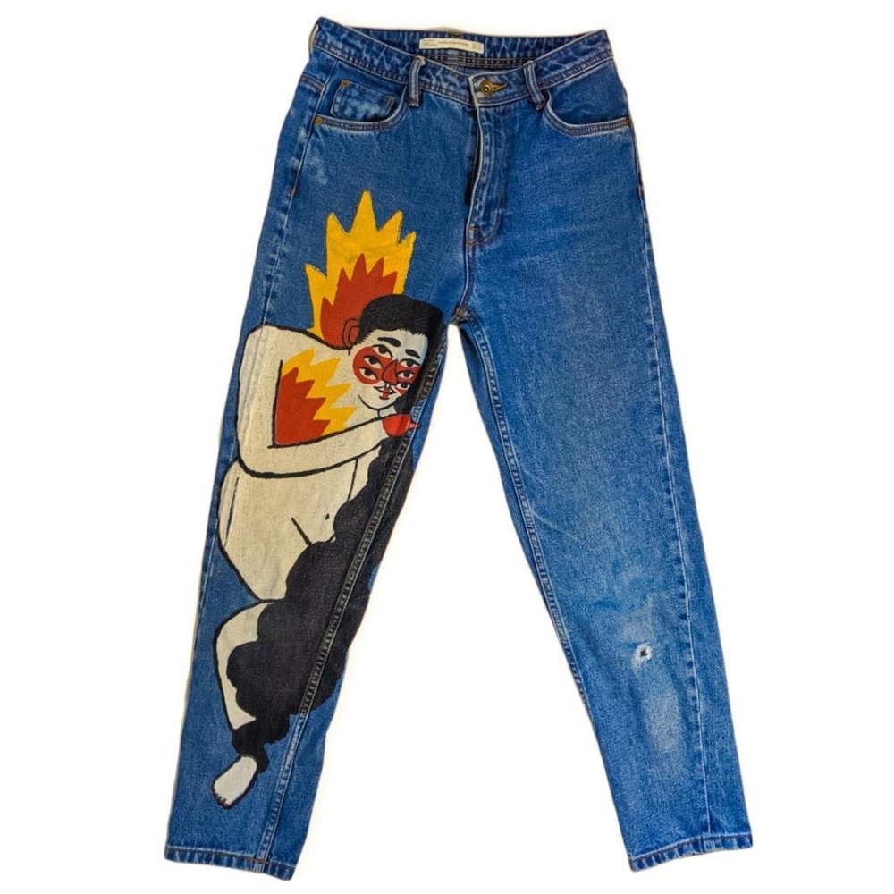 Zara X Ricardo Cavolo Handpainted Mom Jeans Dark Wash Size Us 2 View 3